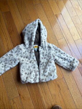 C&C California Faux Fur Hooded Kids Jacket in Cream and Brown Leopard
